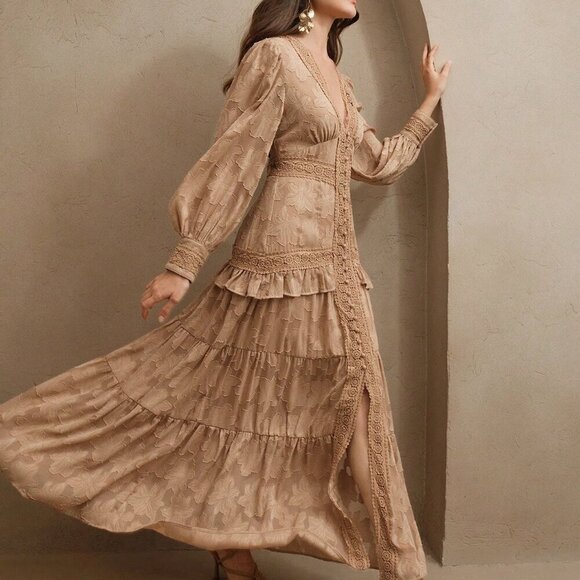 Khaki Elegant Womens Ruched V-Neck Puff Sleeve Slim Fit Maxi Dress - Picture 4 of 7